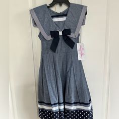 Nwt Smoke Free Home Blue Cotton Dress For Dress-up, White Cotton School Dress, Cute Navy Dress For Dress-up Occasions, White Cotton Dresses For School, Cute Navy School Dress, Cute Fitted Navy Dress, Navy Fitted Cute Dress, Cute Navy Short Sleeve Dress, Cute Blue School Dress