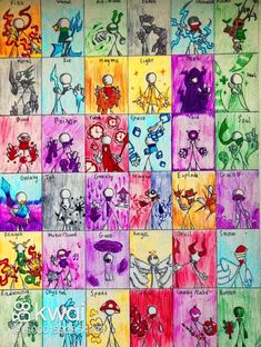 an image of children's drawings with different colors and characters on them in squares