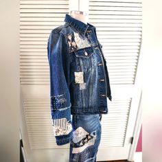 Driftwood Patchwork Denim Jacket Medium Wash Nwt From Our Recently Retired Boutique (30yrs) Great Looking With White & Black Denim Measurements Of Medium Fall Patchwork Recycled Denim Jacket, Denim Blue Patchwork Denim Jacket, Patchwork Denim Jacket In Denim Blue, Denim Blue Denim Jacket With Patchwork, Denim Blue Jacket With Patchwork, Casual Denim Jacket With Patches In Recycled Denim, Bohemian Distressed Denim Outerwear, Bohemian Distressed Denim Jacket, Dark Wash Recycled Denim Jacket With Patchwork