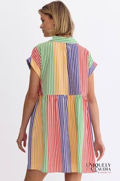 Nothing says spring/summer fun like our Nikki Multi-Color Stripes Shirt Mini Dress. This fun easy dress boasts a delightful array of colors, and the button-down design and side pockets adds practicality while ensuring ease of wear. The inclusion of a lining ensures both comfort and confidence, allowing you to embrace every moment. The allure of this dress lies in its versatility. Whether you're strolling through sun-kissed streets or attending a daytime soirée, pair it with cute wedges, sandals Shirt Mini Dress, Cute Wedges, Easy Dress, Wedges Sandals, Mini Shirt Dress, Sleeveless Mini Dress, Trim Detail, Color Stripes, Sun Kissed