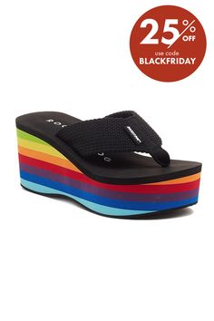 Rocket Dog-Crush Pride Wedge Sandal Take your pool-side appeal to new heights with the Crush Pride platform sandal from Rocket Dog. This thong sandal features a chunky, lightweight foam wedge in a bold rainbow striped print for eye-catching comfort. For Crush, The Crush, Rocket Dog, Pool Side, Black Wedge Sandals, Wedge Sandal, Rainbow Stripes, Thong Sandals, Stripe Print