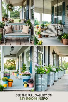 Explore 42 cozy farmhouse porch ideas featuring a lovely weathered swing, colorful flower pots, and lush greenery. This pin highlights four beautiful images showcasing trendy outdoor styles and inviting decor for an ultimate homey feel. Vintage Porch Decor, Country Front Porches, Gravel Pathway, Whimsical Flower, Farmhouse Outdoor Decor