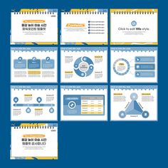 a set of six presentation slides with blue and yellow accents