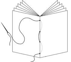 an open book with a string attached to the front and back cover, on a white background