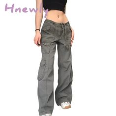 Hnewly Women’s Pants Gothic Punk Baggy Vintage Kawaii Trousers Bandage Low Waist Cargo Grunge Harajuku Style Straight Leg Cotton Pants, Y2k Trousers For Fall Season, Y2k Style Trousers For Fall, Y2k Style Fall Trousers, Baggy Harajuku Style Pants For Spring, Baggy Harajuku Pants For Spring, Grunge Cargo Pants For Spring Streetwear, Spring Grunge Cargo Pants For Streetwear, Non-stretch Full Length Grunge Pants