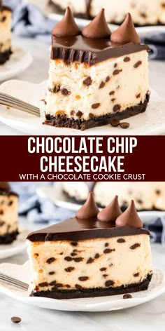 chocolate chip cheesecake on a white plate with the title text overlay reads extra creamy chocolate chip cheesecake