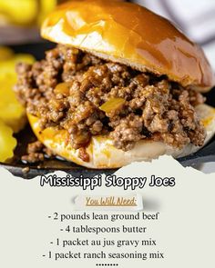 an image of a sloppy joes sandwich with ingredients in the background and instructions on how to make it