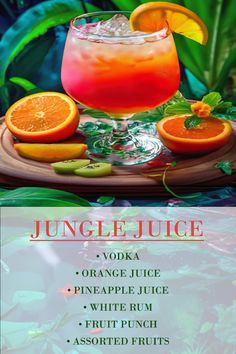 the jungle juice cocktail is served in a glass with orange slices and garnish