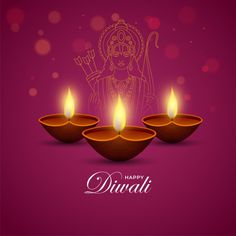 happy diwali greeting card with three lit candles in front of an image of the hindu god