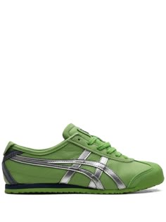 Shop Onitsuka Tiger Mexico 66 "Garden Green/Pure Silver" sneakers Green Onitsuka Tiger, Silver Onitsuka Tiger, Cool Sneakers Women, 00s Shoes, Simple Sneakers, Tiger Shoes, Fashion Tennis Shoes, Sneakers Green, Tiger Mexico 66