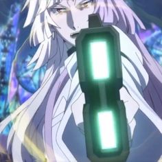 an anime character with white hair holding a green object in his hand and looking at the camera