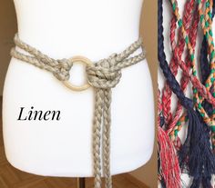 100% Linen/ Lithuanian linen yarns Double strand hand braided belt Total belt length approx. (from wooden ring to tassel tip) 132/ 152/ 172 cm -   52"/ 60" /68"  Wide approx 1.3cm /0.5" Adjustable Rope Belt For Summer, Braided Fabric Belt Diy, Adjustable Bohemian Fabric Belt, Bohemian Brown Rope Belt, Tassel Belt, Boho Crafts Diy, Fringed Belt, Boho Belts, Wrap Belt