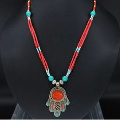 Beautiful Handmade Ethnic Statement Necklace. Tibetan Silver With Turquoise And Indian Coral. Handmade With Traditional Design With Hamsa Fatima. Will Be Energetically Charged By A Reiki Master Bohemian Turquoise Beaded Necklaces For Festivals, Turquoise Bohemian Beaded Necklaces For Festivals, Bohemian Turquoise Necklace With Natural Stones For Festivals, Bohemian Turquoise Necklaces For Rituals, Handmade Traditional Turquoise Necklace For Festivals, Traditional Turquoise Necklace For Beach, Bohemian Turquoise Necklace For Festivals, Multicolor Bohemian Turquoise Necklace For Festivals, Handmade Spiritual Red Coral Necklace