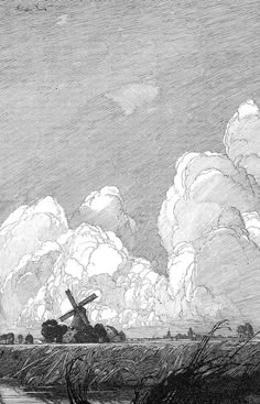 an old drawing of clouds and a windmill