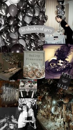 a collage of black and white photos with silver balloons, books, and pictures