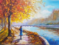 a painting of a woman walking down a path next to a tree lined riverbank