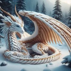 a white and gold dragon sitting on top of a snow covered ground next to trees