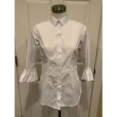 Brand New Women's Shirt By Gretchen Scott - $109 Us Size: Xs Measurements: Chest: 35" Length (Back Neck To Hemline): 26" Sleeve Length: 17.5" * White Collared Button-Up * 3/4 Flared Sleeves * 5 Buttons Up Front Please Let Me Know If You Have Any Additional Questions And Feel Free To Check Out My Other Listings. Thanks! 39687 Fitted Spring Shirt With Buttons, Fitted Shirt With Buttons For Spring, Stretch Shirt With Button Closure For Spring, Fitted Blouse With Button Cuffs, Fitted Blouse With Button Closure, Fitted Spring Tops With Button Cuffs, Fitted Short Sleeve Blouse With Button Cuffs, Stretch Collared Tops With Button Cuffs, Fitted Blouse With Buttons