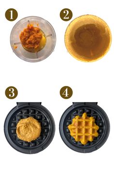 four different types of waffles with ingredients in the top one and bottom two