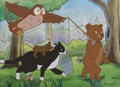 an owl, bear, and cat are in the woods with one holding a fishing rod