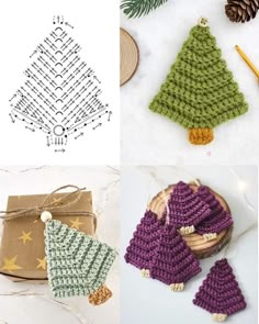 crochet christmas tree ornaments are shown in three different pictures, one is green and the other is purple