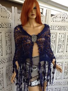 One Size Festival Shawl With Fringe, One Size Tassel Shawl For Festivals, Fringed Shawl For Party, Elegant Fall Shawl With Tassels, Elegant Blue Shawl For Fall, Elegant Blue Fall Shawl, Bohemian Acrylic Yarn Shawl For Winter, Elegant Winter Shawl With Tassels, Elegant Tasseled Shawl For Winter