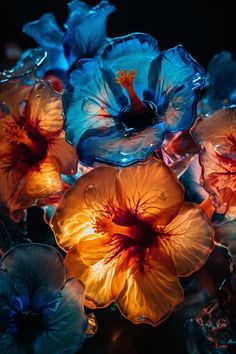 Glass hibiscus created with AI by Amanda Church Orange Flowers Wallpaper, Blue Orange Aesthetic, Blue And Orange Aesthetic, Fleur Orange, Blue Hibiscus, Nothing But Flowers, Iphone Homescreen Wallpaper, Orange Aesthetic