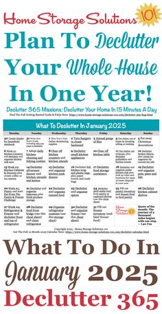 a poster with the words, plan to declutter your whole house in one year