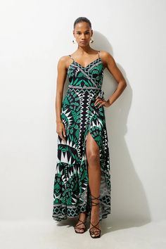 Mono Printed Viscose Woven Strappy Beach Maxi Dress | Karen Millen Petite Wedding Guest Dresses, Plus Size Workwear, Leg Split, Tapas Bar, Petite Coat, Black Tie Dress, Beach Maxi Dress, Fall Outfits For Work, Beach Wear Dresses