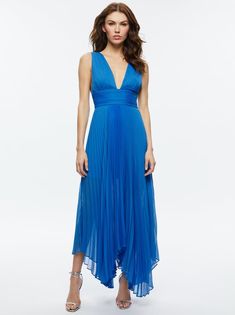 Adrianna Pleated Maxi Dress In French Blue | Alice + Olivia Pleated V-neck Dress For Gala, Flowy V-neck Dress With Ruched Bodice, Blue V-neck Dress With Pleated Waist, Evening V-neck Maxi Dress With Smocked Back, Chic V-neck Pleated Dress With Pleated Bodice, V-neck Maxi Dress With Pleated Back For Gala, Evening V-neck Pleated Dress, Long V-neck Dress For Summer Formal Events, Chic V-neck Dress With Pleated Back