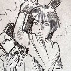 a drawing of a woman holding a cell phone up to her head with one hand