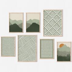 six green and white wall hangings with mountains in the background, each displaying different patterns