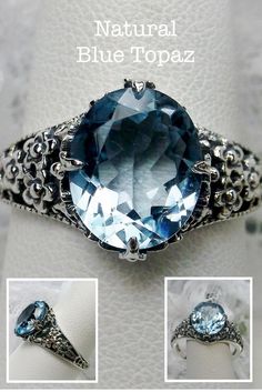 Natural Blue Topaz Ring/ Solid Sterling Silver/ 4ct Oval Natural Sky Blue Topaz, Silver Cameo Floral Leaf Filigree [Custom Made] Design#62 Leaf Filigree, Sky Blue Topaz Ring, Blue Gemstone Rings, Antique Filigree, Filigree Jewelry, Sky Blue Topaz, Jewelry Antique, Filigree Design, Art Deco Art