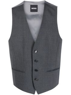 dark grey virgin wool blend satin finish plunging V-neck sleeveless front button fastening two front jetted pockets adjustable strap to the rear