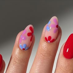 Pink Colorful Nails, Nail Ideas April, Minimal Art Nails, Red Nails Ideas Summer, Pink And Red Flower Nails, 60s Nail Art Retro, Simple Nail Art Designs Short, Simple Cute Nails Almond, Fun Red Nail Designs