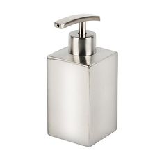 a stainless steel soap dispenser with a metal handle on an isolated white background