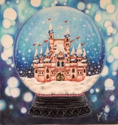 a painting of a snow globe with a castle in the middle and stars around it