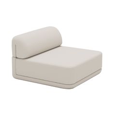 a white chair with a roll on it's back and seat cushion in the shape of a reclining couch