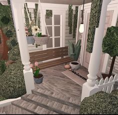 a porch with potted plants and hanging planters