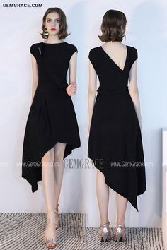 Black Asymmetrical Short Black Party Dress With Cap Sleeves Short Black Party Dress, Short Homecoming Dresses Black, Black Party Dresses Short, Dresses Semi Formal, Trendy Dress Styles, Floral Homecoming Dresses, Black Homecoming Dresses, Black Prom Dress Short, Backless Homecoming Dresses