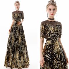 Chic / Beautiful Black Gold Evening Dresses 2019 A-Line / Princess Scoop Neck Sequins Rhinestone Short Sleeve Floor-Length / Long Formal Dresses Black And Gold Prom Dress, Grey Evening Dresses, Burgundy Evening Dress, Glamorous Evening Dresses, Gold Evening Dresses, Prom After Party, Gold And Black Dress, Gold Prom Dresses, Prom Dresses Gowns