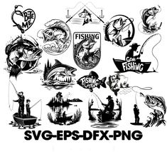 various fishing logos and emblems are shown in this black and white photo, with the words svgepsd - dx - png