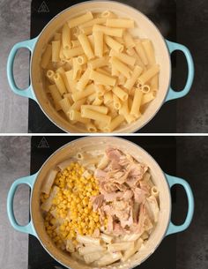 two pictures showing the same pot with pasta and corn