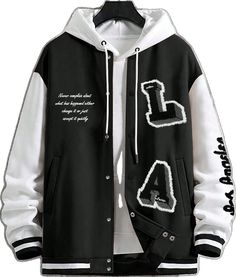 Casual Hooded Varsity Jacket With Button Closure, Casual Hooded Varsity Jacket With Letter Print, Trendy Hooded Varsity Jacket With Pockets, Hip Hop Hooded Jacket With Letter Print, Hip Hop Style Winter Hooded Jacket With Letter Print, Winter Hip Hop Hooded Jacket With Letter Print, White Hip Hop Winter Outerwear, Hip Hop Winter Hooded Jacket With Letter Print, Hip Hop Hooded Jacket With Letter Print For Winter