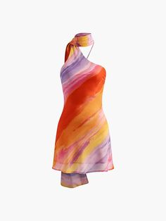 Vestido corto con efecto tie dye y escote halter en la espalda Short Scarves, Scarf Dress, Mini Dresses For Women, Tie Dye Shorts, Tie Dye Dress, Sheer Material, Dyed Dress, Cute Summer Outfits, Fitted Dress