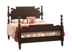 a bed with wooden headboard and foot board, made in dark brown stain wood