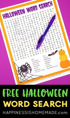 a halloween word search with a purple pen on it and the words free for kids to use