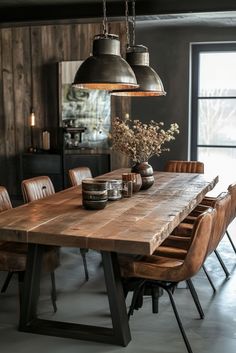 a large wooden table surrounded by chairs and lights