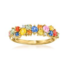 Ross-Simons - 1.10ct t. w. Multicolored Sapphire Ring, Diamond Accents Over Sterling. Size 7. Radiant with a rainbow of shimmering hues, this colorful cluster ring will enliven your look with 1.10 ct. t. w. round multicolored sapphires and icy diamond accents. Crafted in polished 18kt yellow gold over sterling silver. 3/16" wide. Multicolored sapphire ring. Multicolored Engagement Ring, Fringed Belt, Colored Engagement Rings, Multi Sapphire, Ring With Diamond, Floral Shoes, Ring Diamond, Color Combo, Cluster Ring