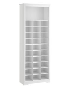 a white bookcase with many shelves on the front and bottom, all in different sizes